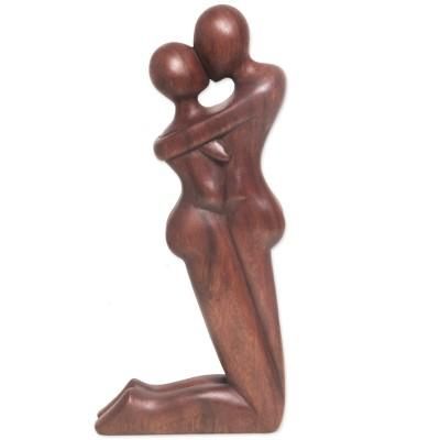 Kneeling Embrace,'Hand Carved Romantic Suar Wood Statuette from Bali'