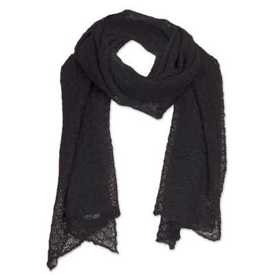 Black Gossamer,'Textured 100% Baby Alpaca Wrap Scarf in Black from Peru'