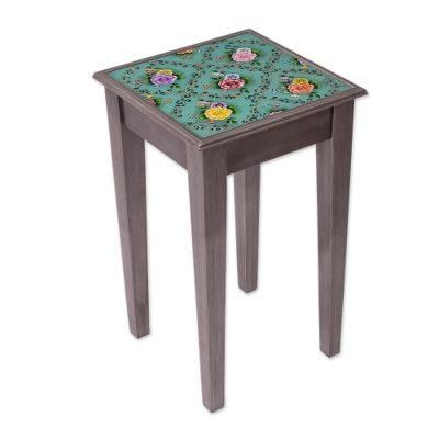 Roses of Spring,'Floral Reverse-Painted Glass Accent Table from Peru'