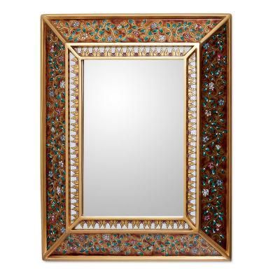 Cedar mirror, 'Flowers on Gold' - Hand Crafted Floral Glass Mirror