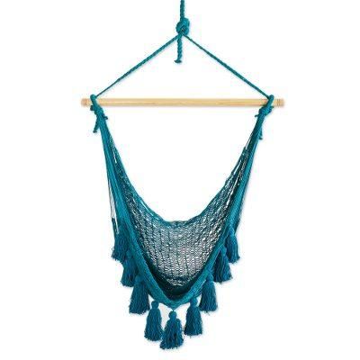 Ocean Seat in Turquoise,'Tasseled Cotton Rope Mayan Hammock Swing in Teal from Mexico'