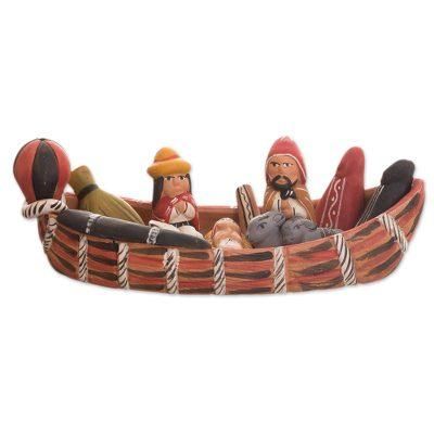 'Born in a Canoe' - Peruvian Nativity Scene Ceramic Sculpture
