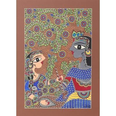 Eternal Tale of Love,'Krishna & Radha Madhubani Painting on Paper from India'