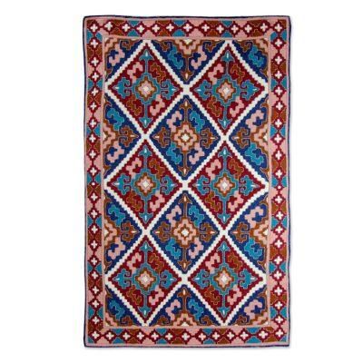 Chain stitched wool rug, 'Diamond Sky' (2.5x4)