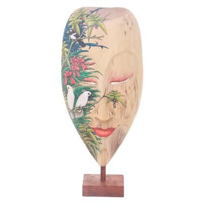 Forest Beauty,'Hibiscus Wood Mask of Woman with Forest and Bird Motif'