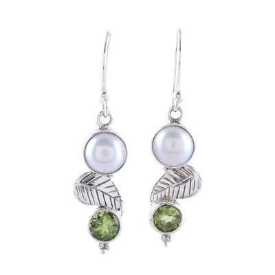 Moonrise Garden,'Cultured Pearl Peridot Sterling Silver Leaf Dangle Earrings'