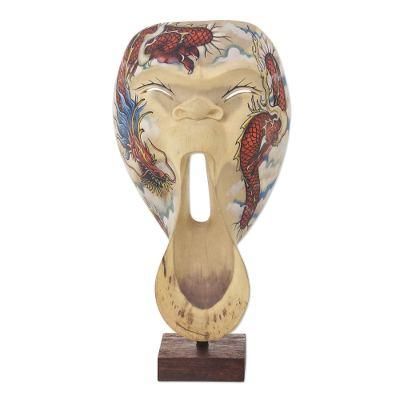 Dragon Scream,'Dragon Theme Balinese Hibiscus Wood Mask on Stand'