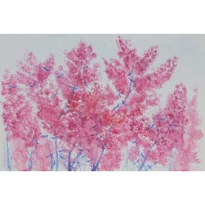 'My Home IV' Birds on Cherry Blossoms Watercolor Monoprint from Thailand