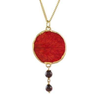 Autumn Red Rose,'Garnet and Gold Plated Natural Rose Petal Pendant Necklace'