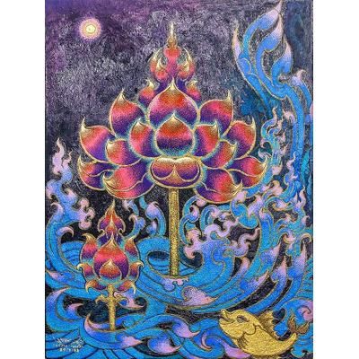 Enlightenment,'Expressionist Acrylic Painting of Buddhist Lotus Blossom'