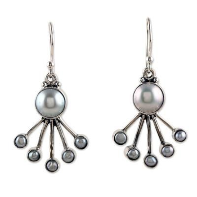 Sea Crown,'Modern Sterling Silver Dangle Earrings with Cream Pearls'