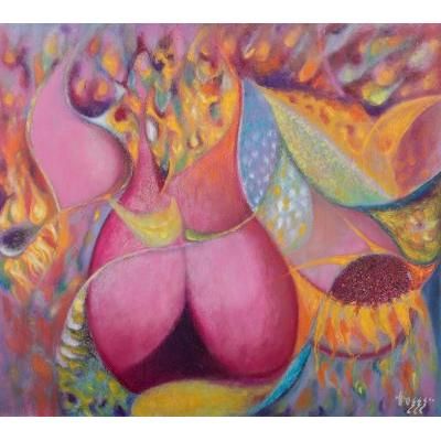 Insinuations,'Signed Unstretched Abstract Painting in Warm Color Scheme'