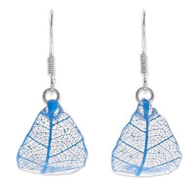 Earthly Delight in Blue,'Sterling Silver and Blue Rubber Tree Leaf Earrings'