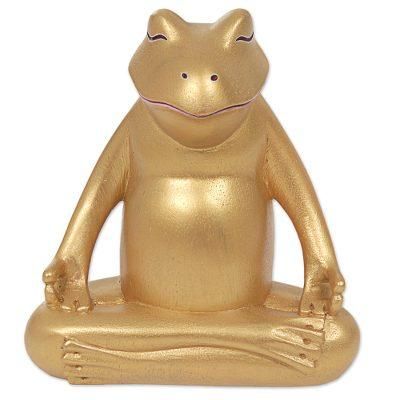 Peaceful Frog,'Hand Made Gold Tone Wood Frog Sculpture from Indonesia'