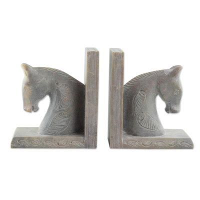 Soapstone bookends, 'Pretty Ponies' (pair)