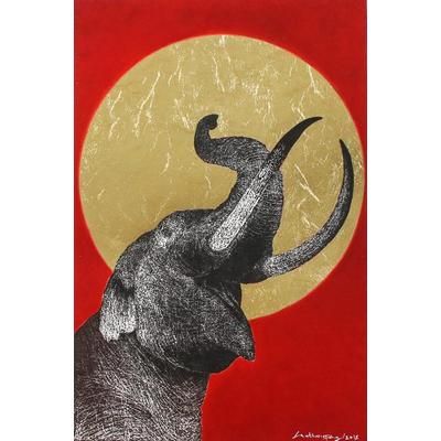 Be Glad II,'Signed Painting of an Elephant with a Golden Sun'