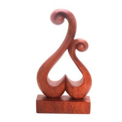 Lover's Bloom,'Hand Carved Suar Wood Abstract Heart Sculpture'