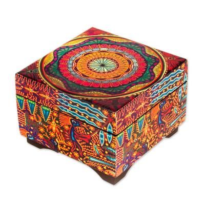 Huichol Mandala,'Petite Pinewood Decoupage Box with Huichol Icons'