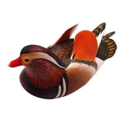 Wood sculpture, 'Mandarin Duck' - Original Hand Carved Wood Sculpture