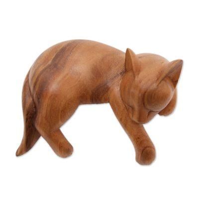Snoozing Cat,'Natural Finish Suar Wood Sleeping Cat Sculpture from Bali'