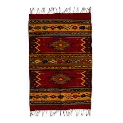 Sun Duality,'Authentic Handwoven Zapotec Wool Rug (2 x 3 Feet)'
