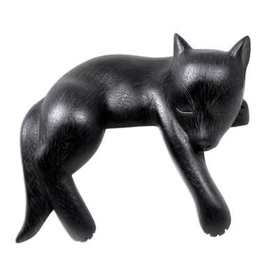 Kintamani Dog,'Black Wood Sleeping Dog Statuette from Suar Wood'