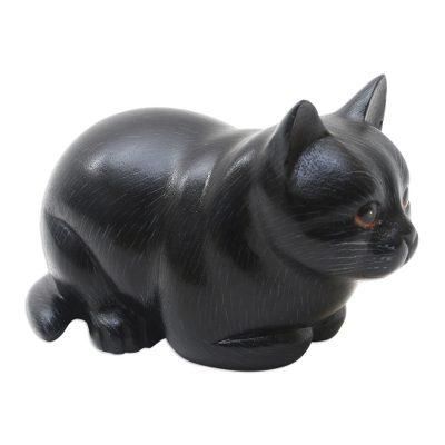 Fat Cat in Black,'Hand Carved Suar Wood Cat Statuette'
