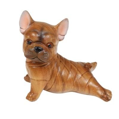'Hand-Carved Suar Wood Figurine of Stretching Brown Bulldog'