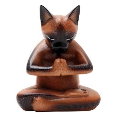 Devout Feline,'Hand Crafted Suar Wood Cat Statuette'