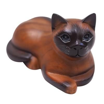 Calm Kitty,'Bali Hand Carved Wood Sculpture of a Relaxed Siamese Cat'