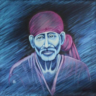 'Peaceful Sai Baba' Acrylic Portrait Painting of Indian Spiritual Master