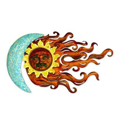 Love Eclipse,'Sun and Moon Glass Mosaic Hand Made Iron Wall Sculpture'