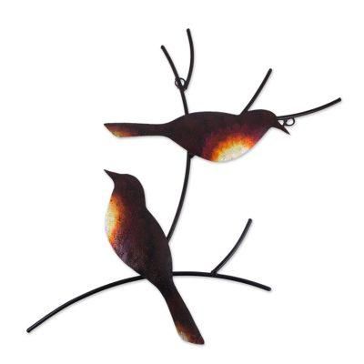 Pair of Sparrows,'Handmade Metal Wall Art of Birds on Branches'