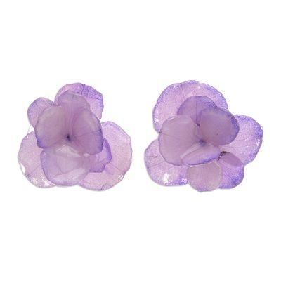 Purple Hydrangea,'Thai Resin Coated Purple Hydrangea Bloom Post Earrings'