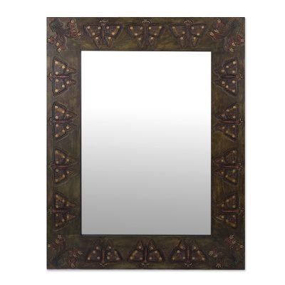 Machu Picchu Butterfly,'Handcrafted Wood and Leather Mirror with Butterfly Motif'