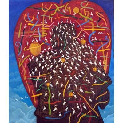 Competition Dynamic,'Oil on Canvas Surrealist Painting of Storks from Indonesia'