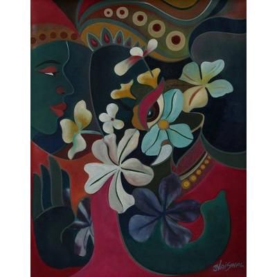 Siddi Vinayak,'Floral Expressionist Painting of Faces from India'