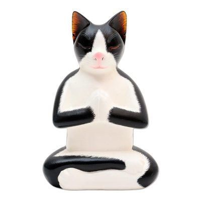 Tuxedo Cat Meditates,'Hand Carved Wood Kitty Cat Meditation Sculpture'