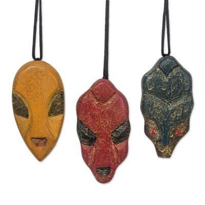 Mblo Masks,'Wood African Mask Ornaments from Ghana (Set of 3)'