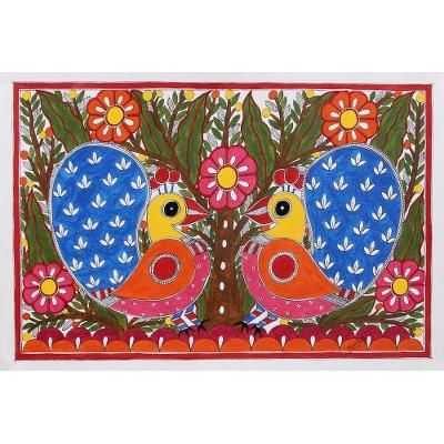 Spring Song,'Colorful Madhubani Painting of Peacocks from India'