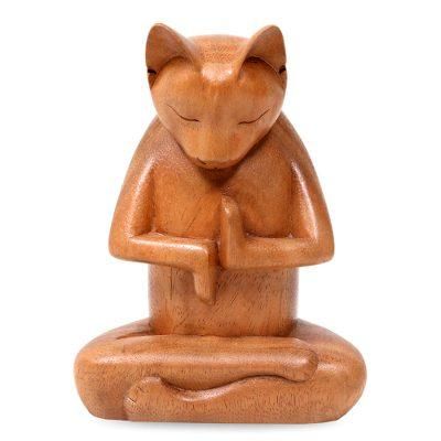 Wood sculpture, 'Full Lotus Cat'