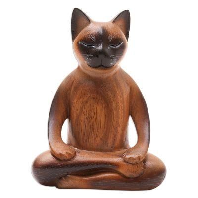 Peaceful Cat,'Handcrafted Suar Wood Cat Statuette'