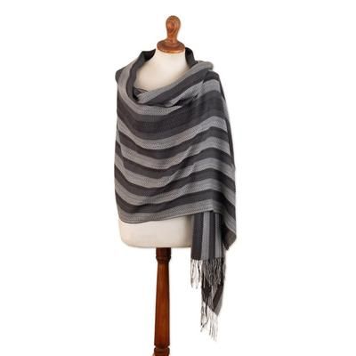 Classic Shades,'Handloomed Baby Alpaca Blend Striped Shawl in Black and Grey'