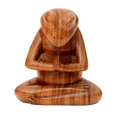 Wood sculpture, 'Asana Pose Yoga Frog'