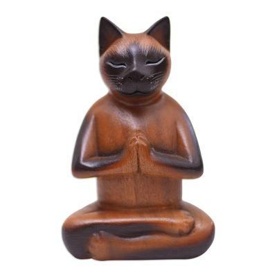 Balinese Cat Meditates,'Brown Raintree Wood Figure of a Cat in Lotus Position'