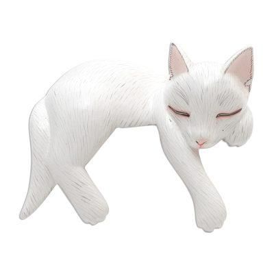 Lounging Cat in White,'Hand Carved Suar Wood Cat Statuette'