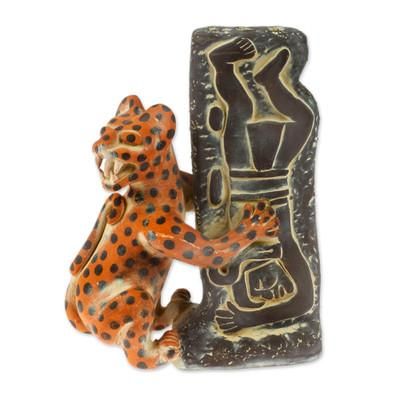 Ceramic sculpture, 'Olmeca Jaguar with Human'