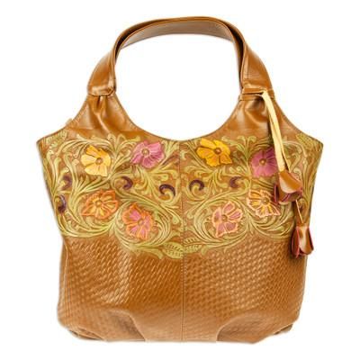Vintage Romance,'Embossed Floral Copper-Toned Leather Handbag'