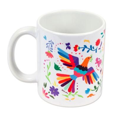 Otomi Morning,'Artisan Crafted Otomi Birds and Flowers Motif Ceramic Mug'