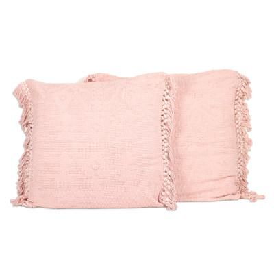 Pink Passion,'Pair of Pink Cotton Cushion Covers with Tassels from India'